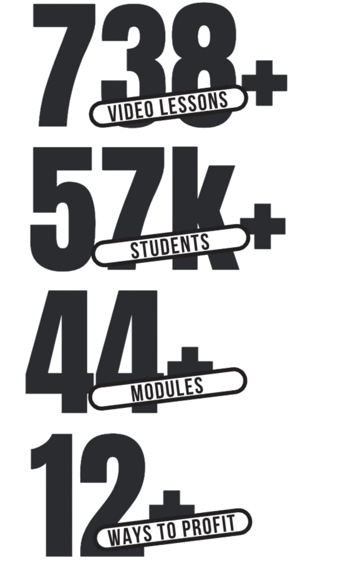 738+ video lessons, 57K+ students, 44+ modules, 12+ ways to profit