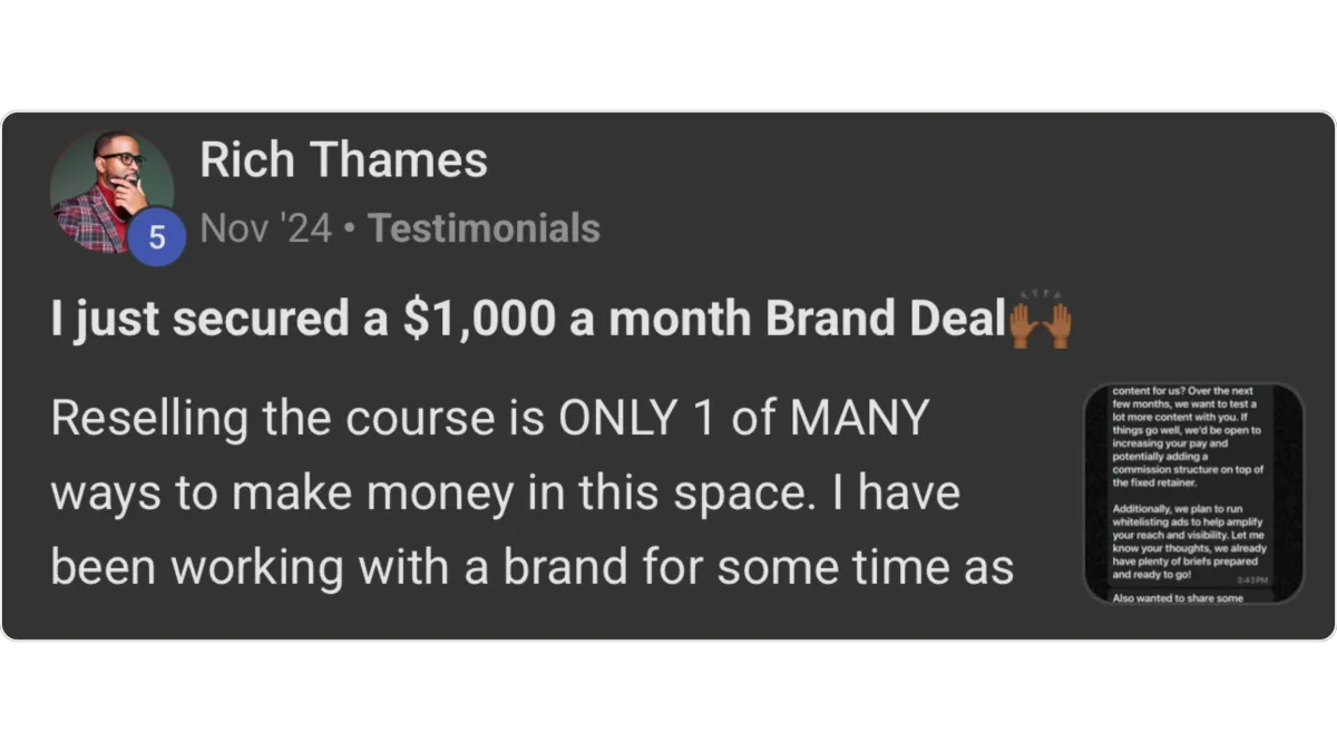 Student testimonial from Rich Thames — secured a $1,000/month brand deal