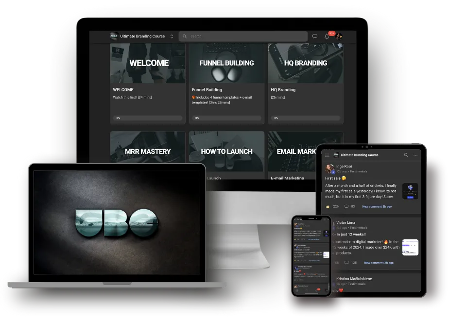 Ultimate Branding Course dashboard shown on laptop and phone